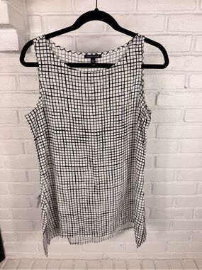 Eileen Fisher Silk Blend Windowpane Grid Sleeveless Tunic Top XS‎